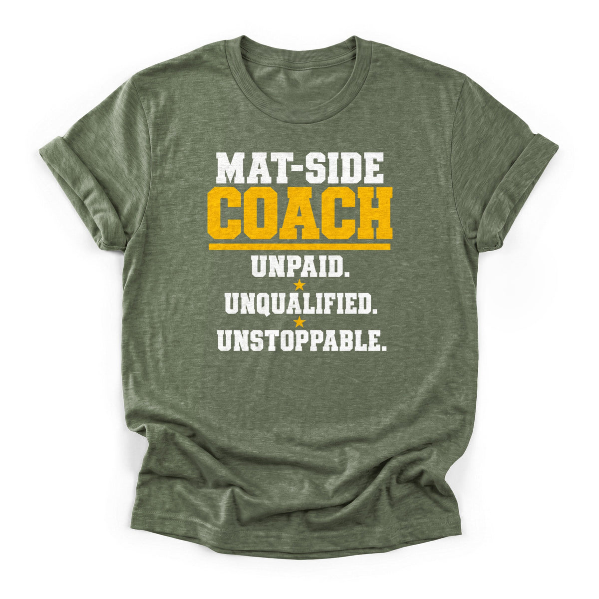Mat-Side Coach Wrestling Dad T-Shirt in Heather Military Green